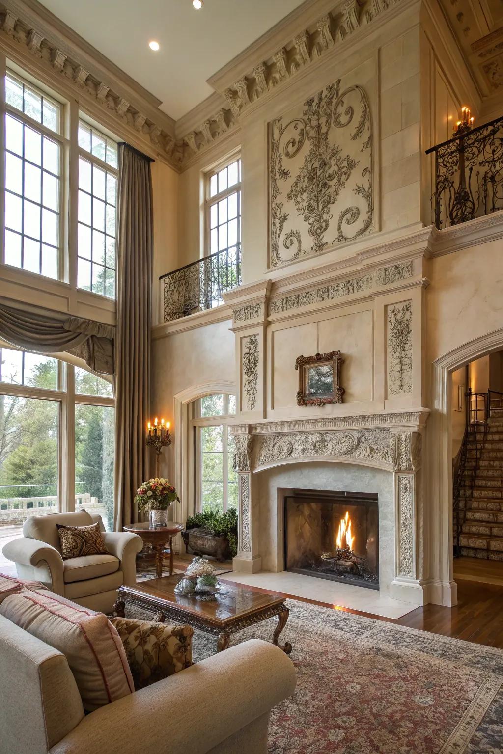 Elaborate detailing elevates the elegance of this fireplace.