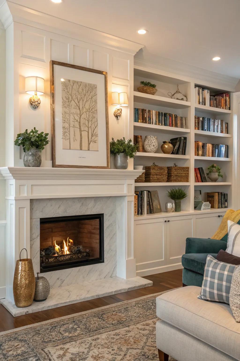 Merge style and storage with built-in shelving around your fireplace.