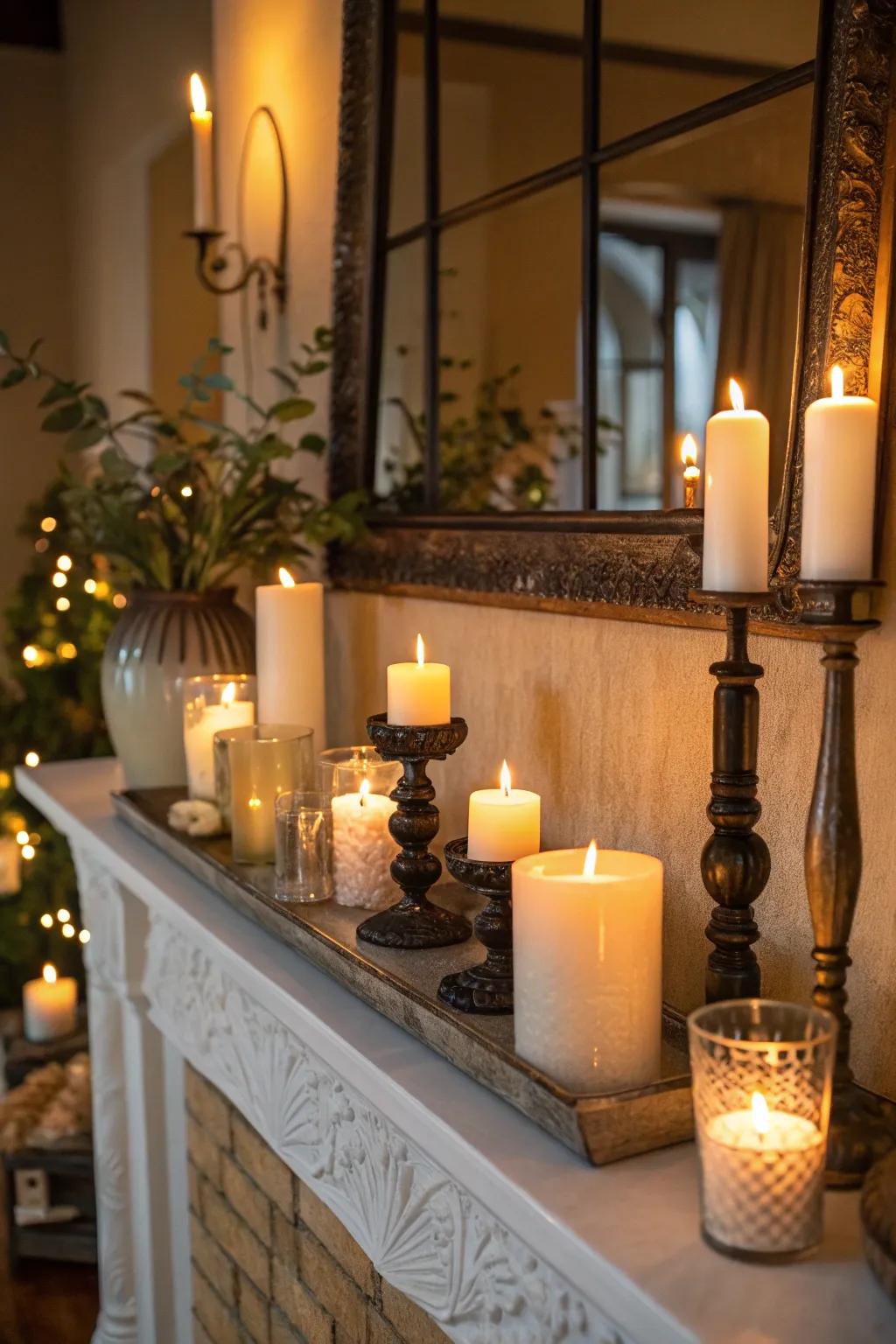 Candles in varied heights create an inviting, warm atmosphere.
