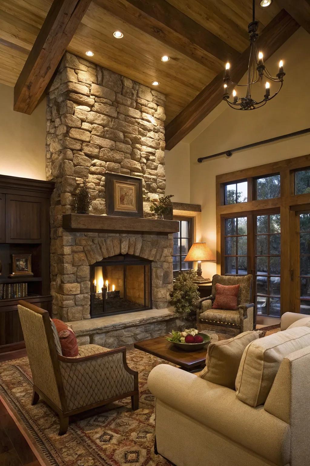 A classic living space accentuated by a fireplace with layered stone highlights.