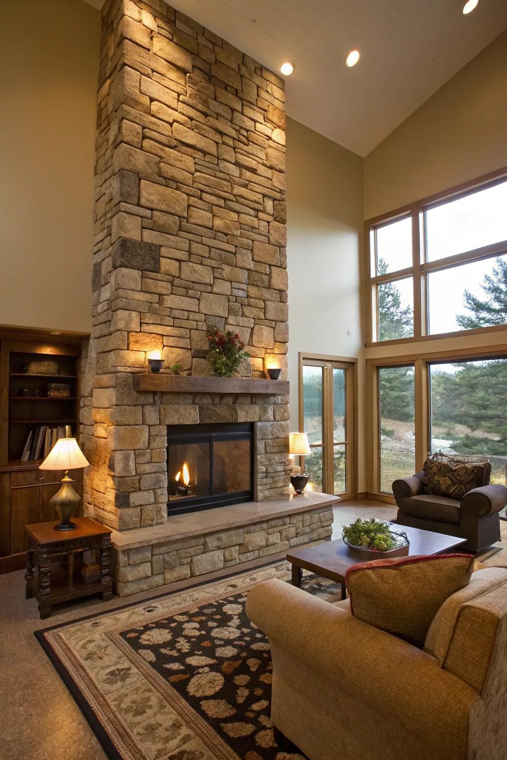 An assertive stone fireplace wall that seizes attention.