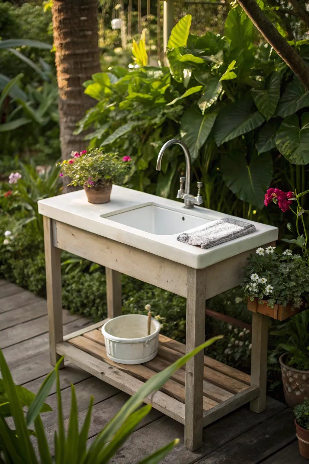 A fish cleaning table set up with a handy water source.