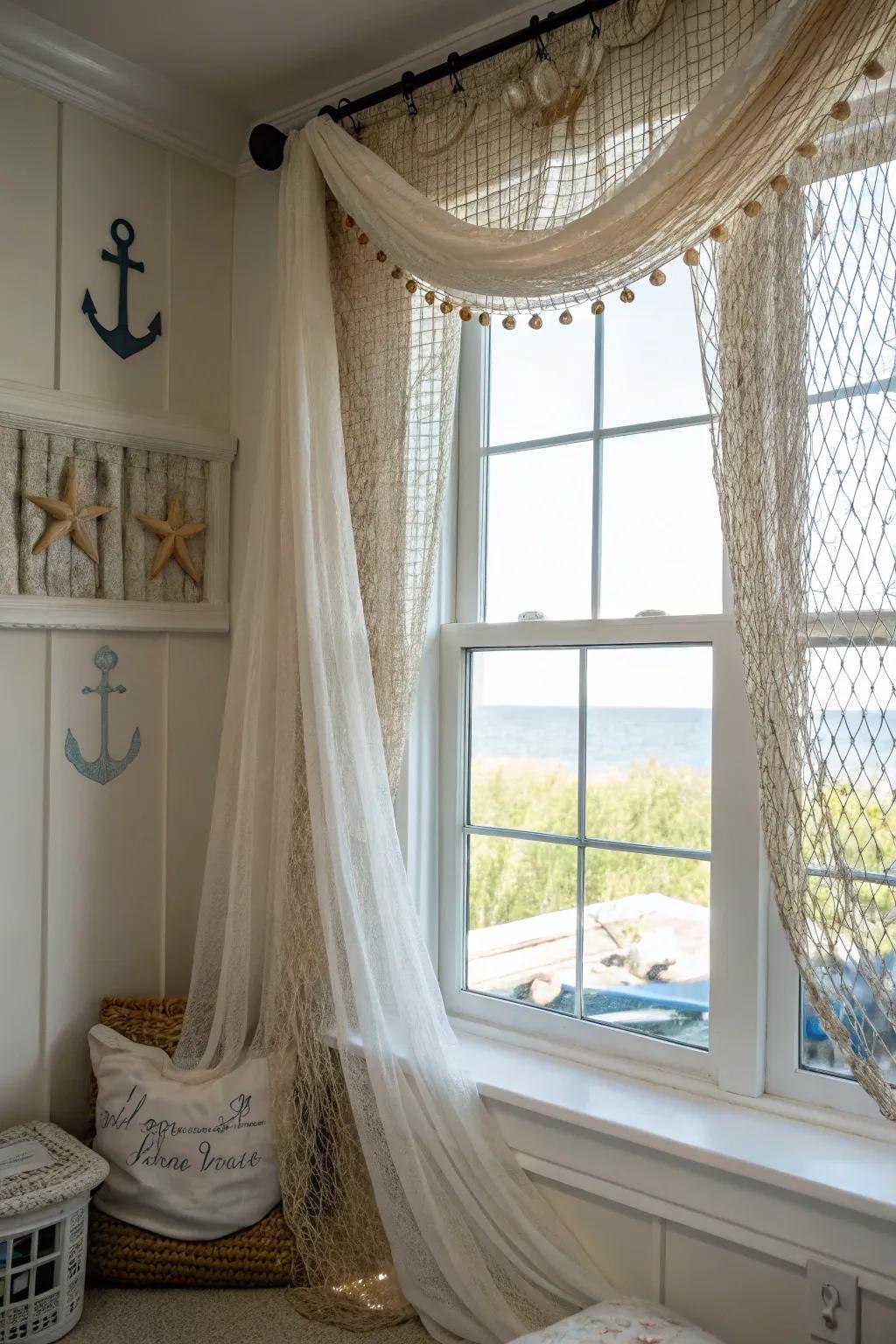 Fishing meshes can serve as unique drapes that feature a nautical impression.