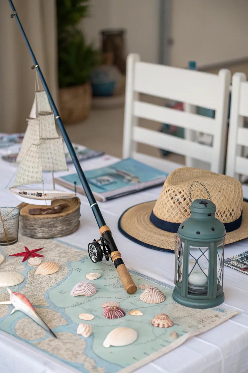 An angling tool centerpiece transports the ocean to your dining milieu.