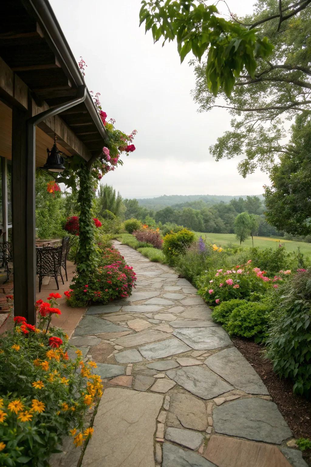 A natural flagstone pathway enhancing the charm of a garden.