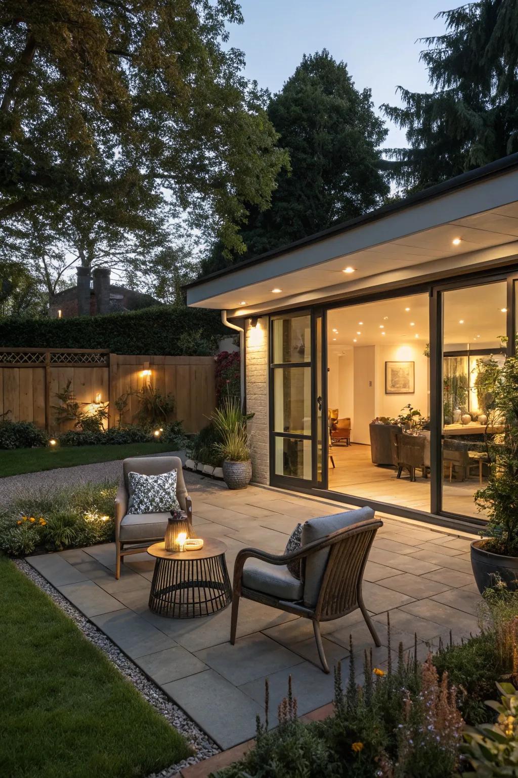 An alfresco social zone upon a flat roof garage stands as the prime spot for hosting acquaintances.
