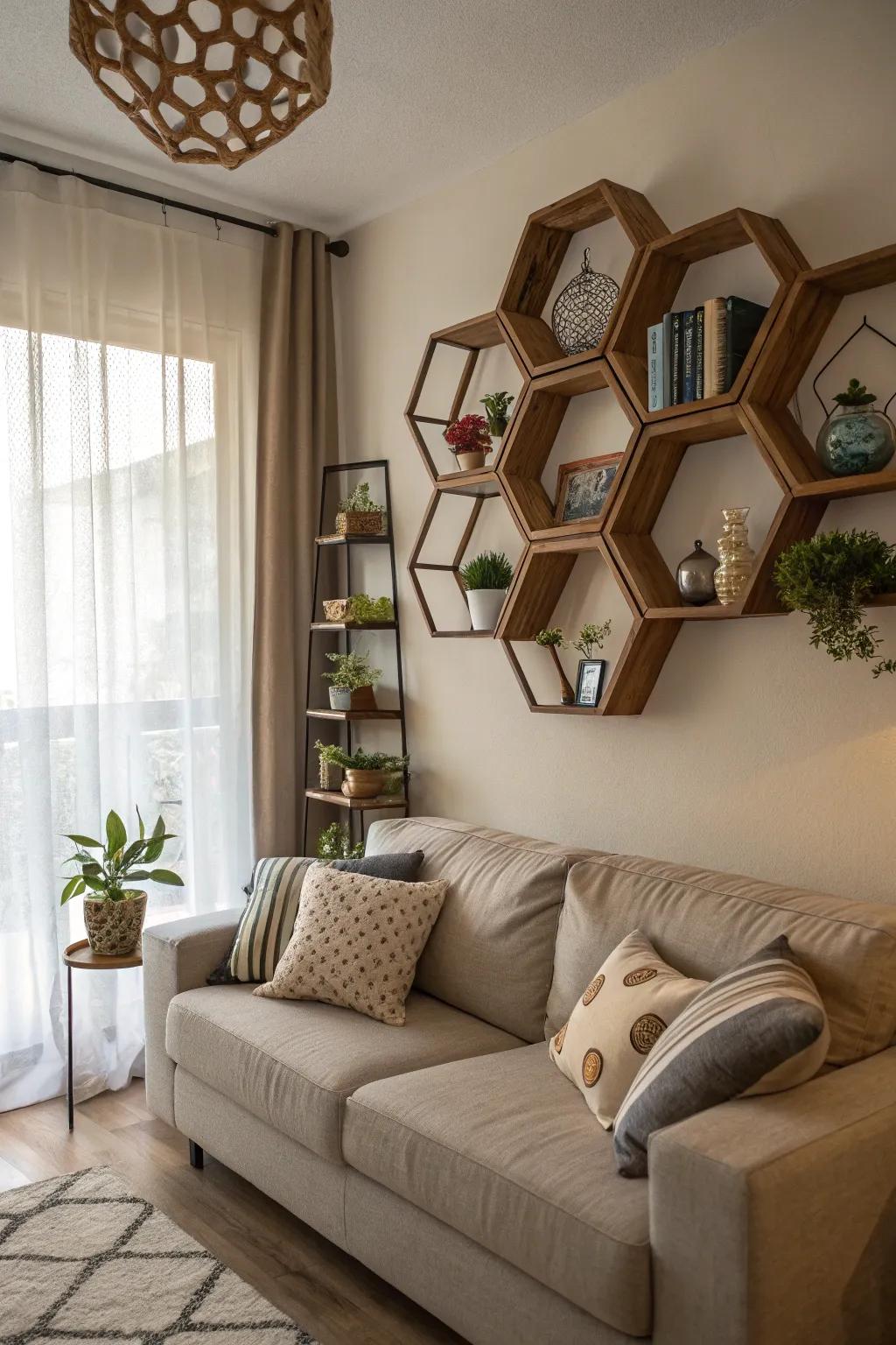 Geometric shelves add a modern flair to your living room.