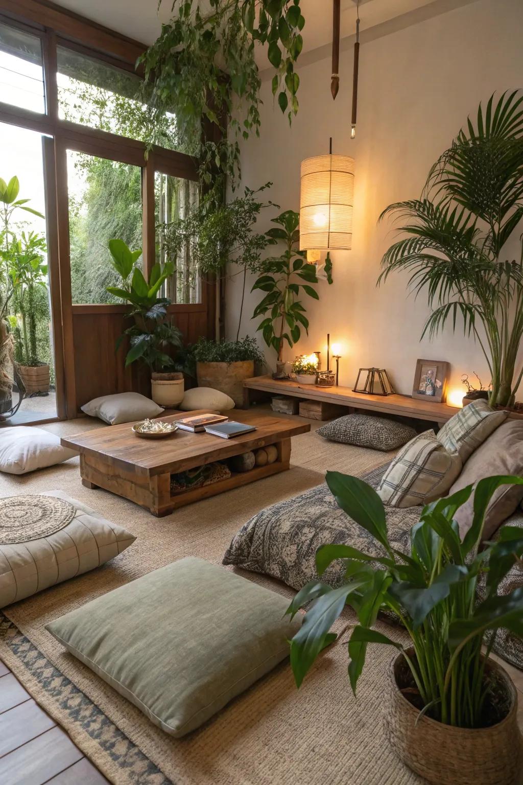 Nature-inspired floor seating establishes a peaceful and harmonious environment.