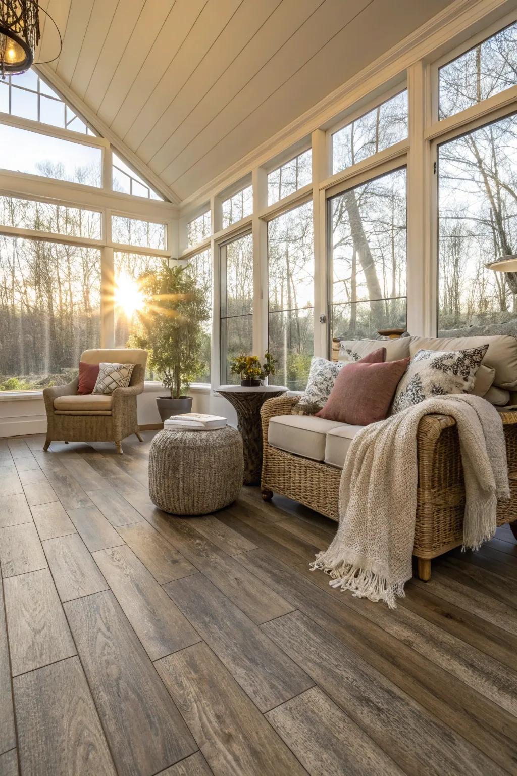 A sunroom featuring adaptable premium vinyl plank flooring.