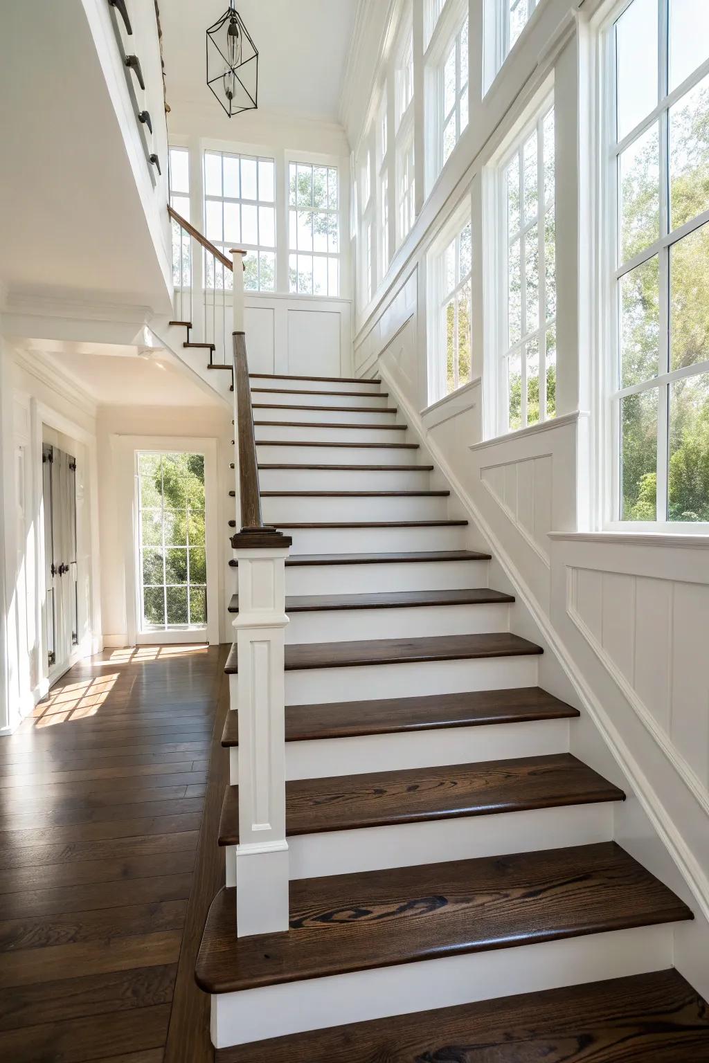 Dark wood steps juxtaposed against pale uprights engender a captivating visual contrast.