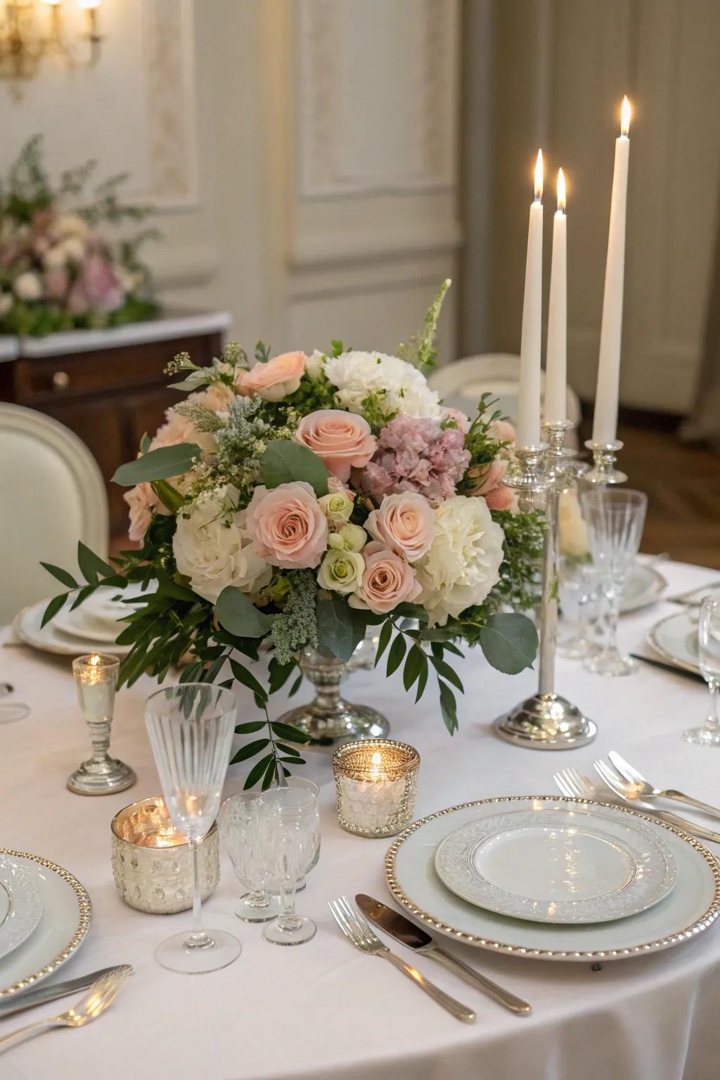 An elegant floral centerpiece with polished dinnerware on a formal dining table.