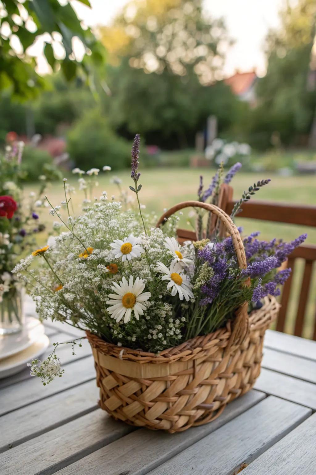 An enthralling wildflower basket that stimulates thoughts of a verdant spring meadow.