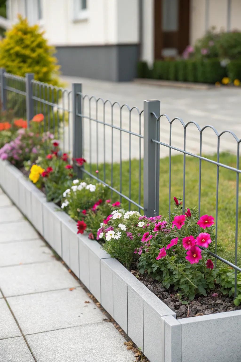 Sleek metal edging lends a contemporary touch to flower beds.