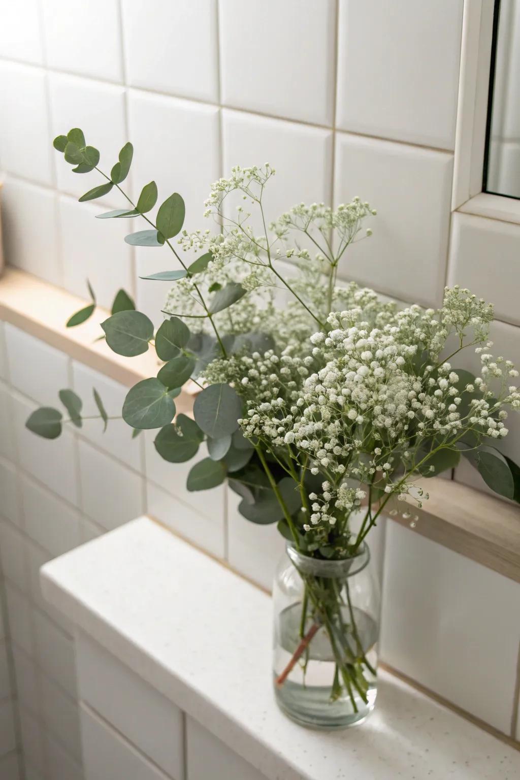 Delicate baby’s breath alongside eucalyptus upon a bathroom shelf.
