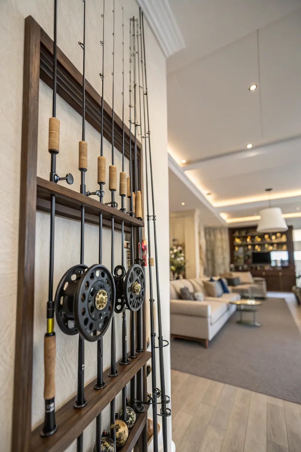 Wall-secured racks keep gear within reach and off the floor.