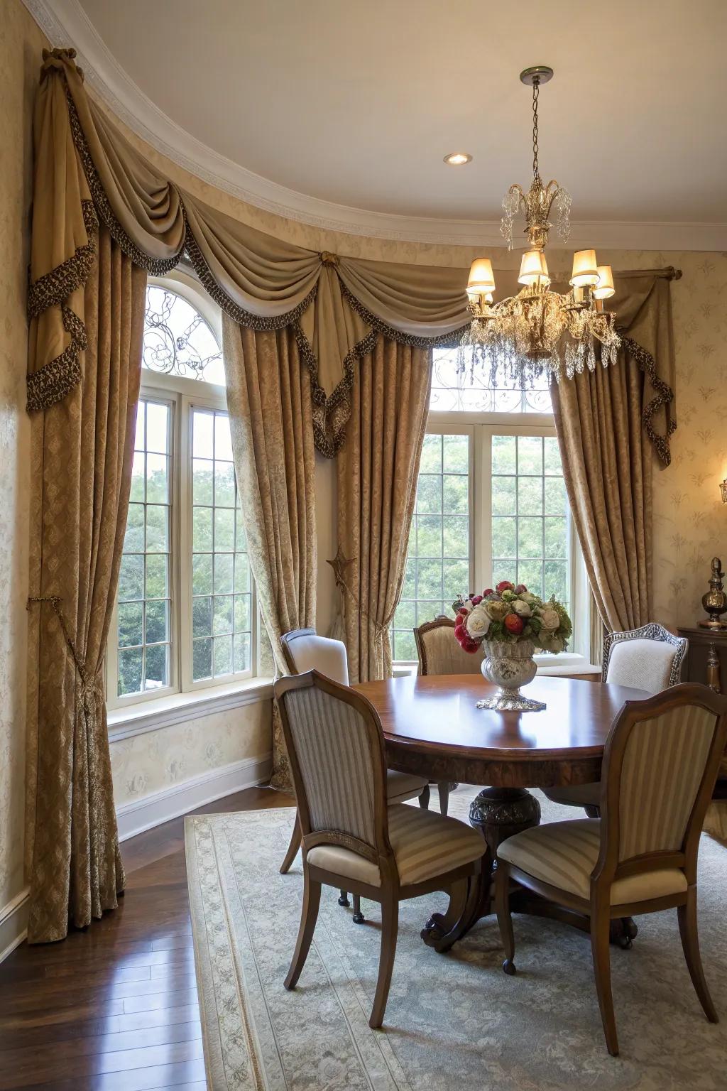 Traditional swag and cascade curtains imbue this dining room with Victorian grace.