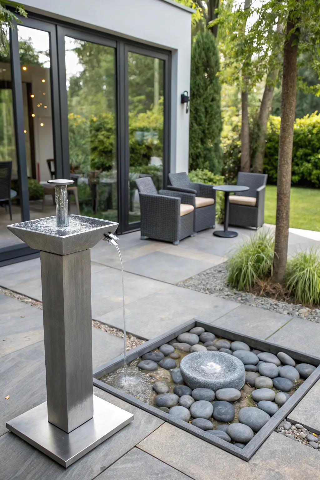 Modern minimalism is embodied in this sleek metal fountain.
