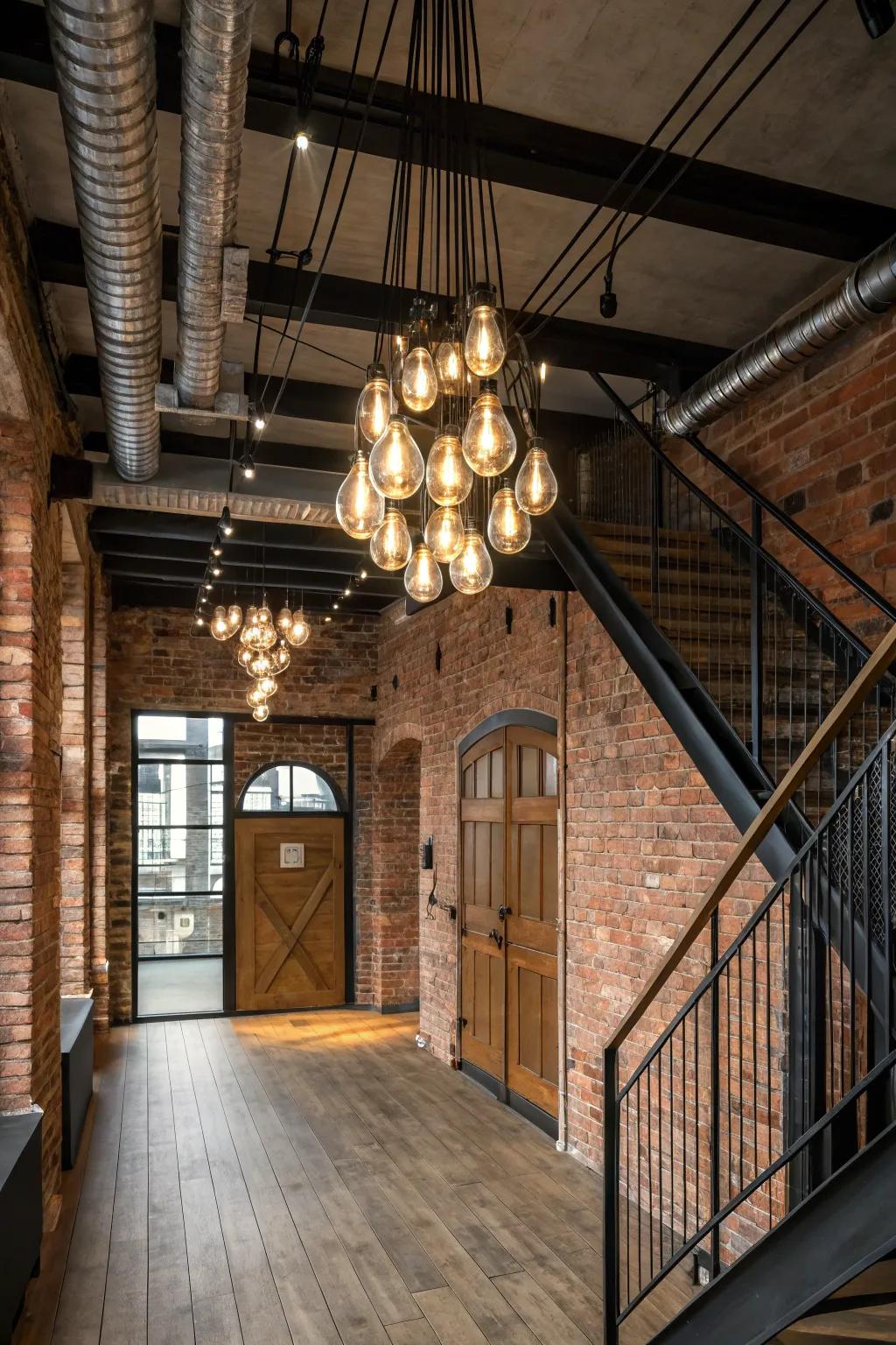Exposed lamps bring an industrial feel to this intimate foyer.