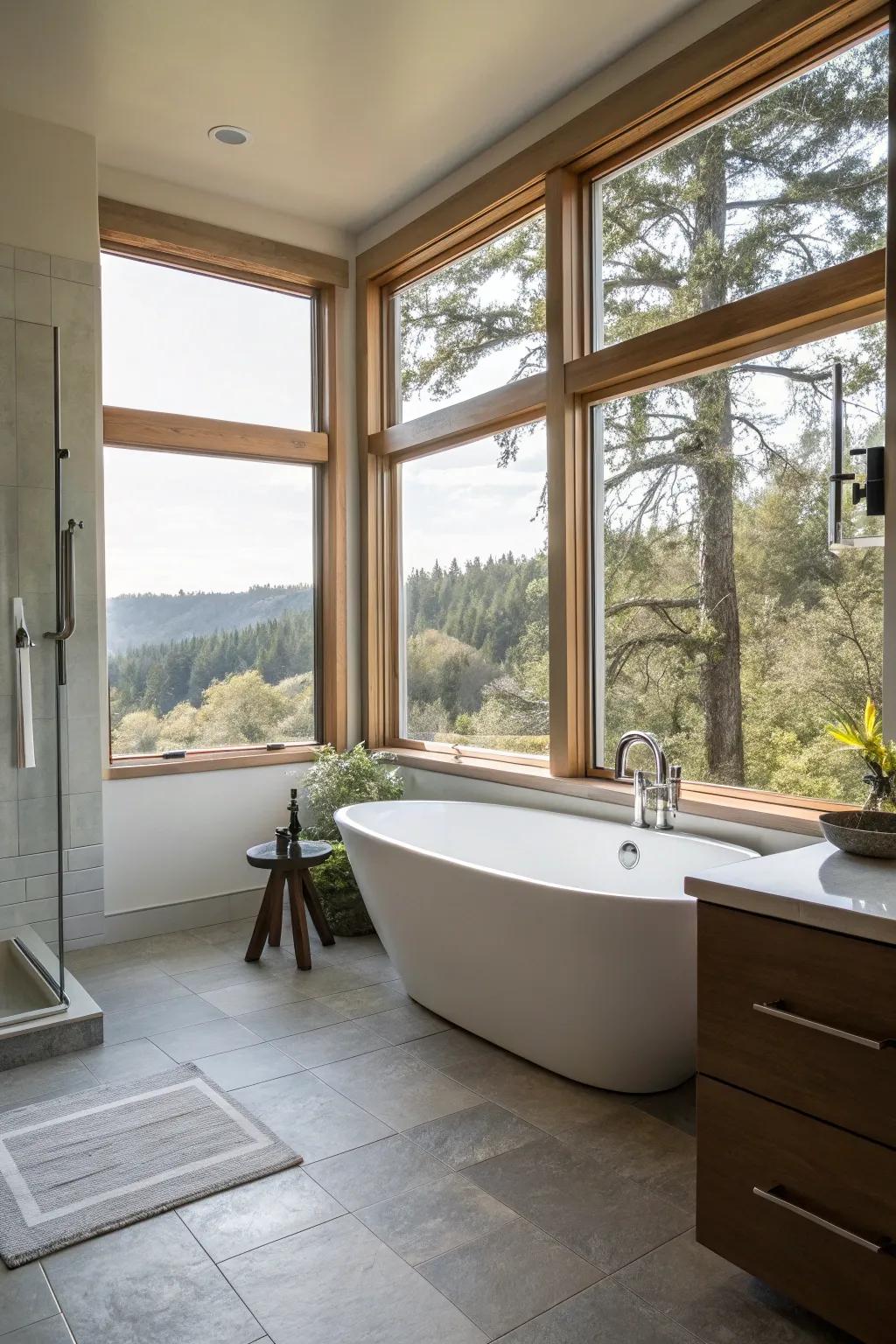 An open-plan bathroom design with natural light enhancing the freestanding tub area.