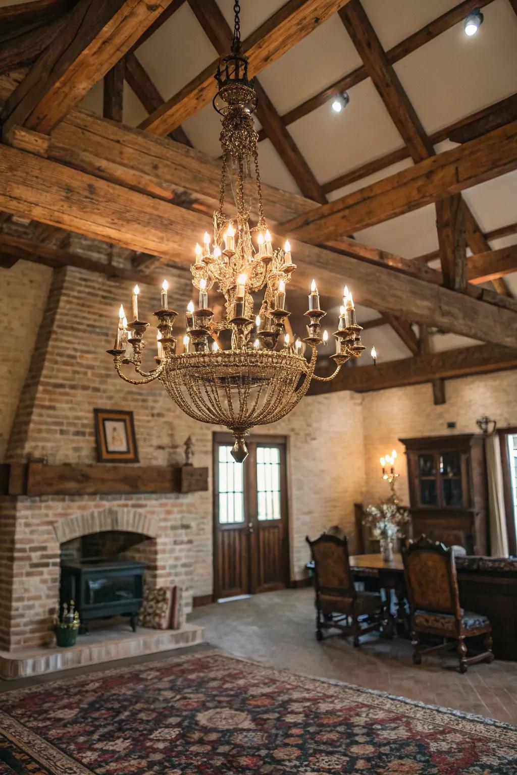A vintage chandelier adding grace to a rustic-style space.