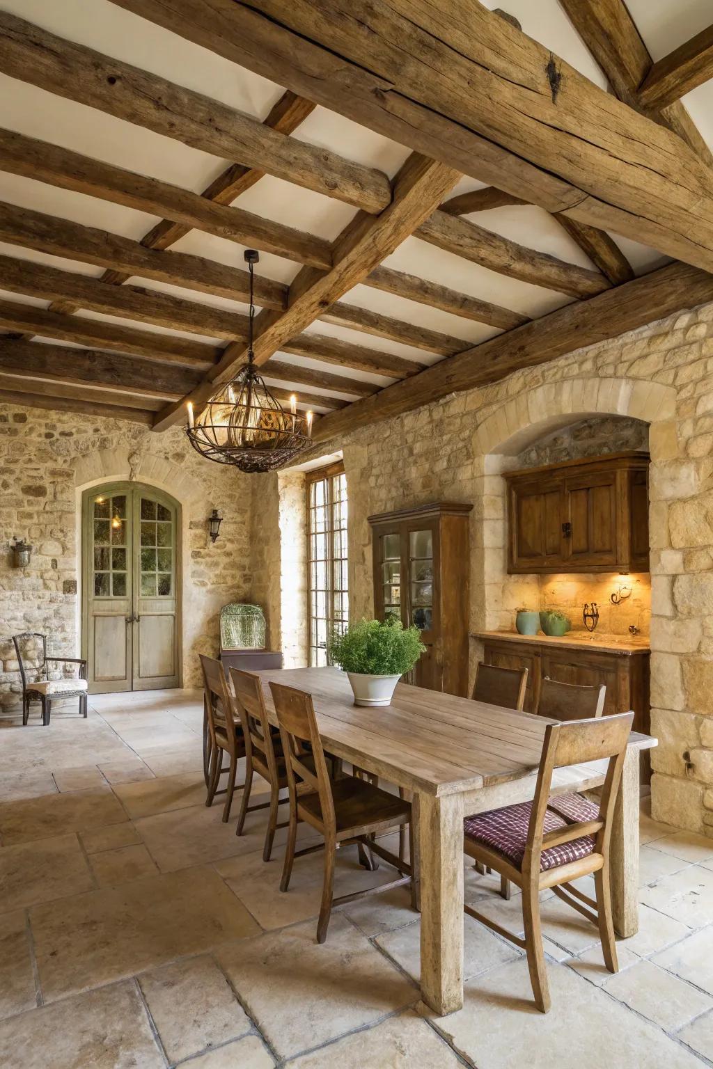 Raw materials foster a welcoming and warm dining atmosphere.