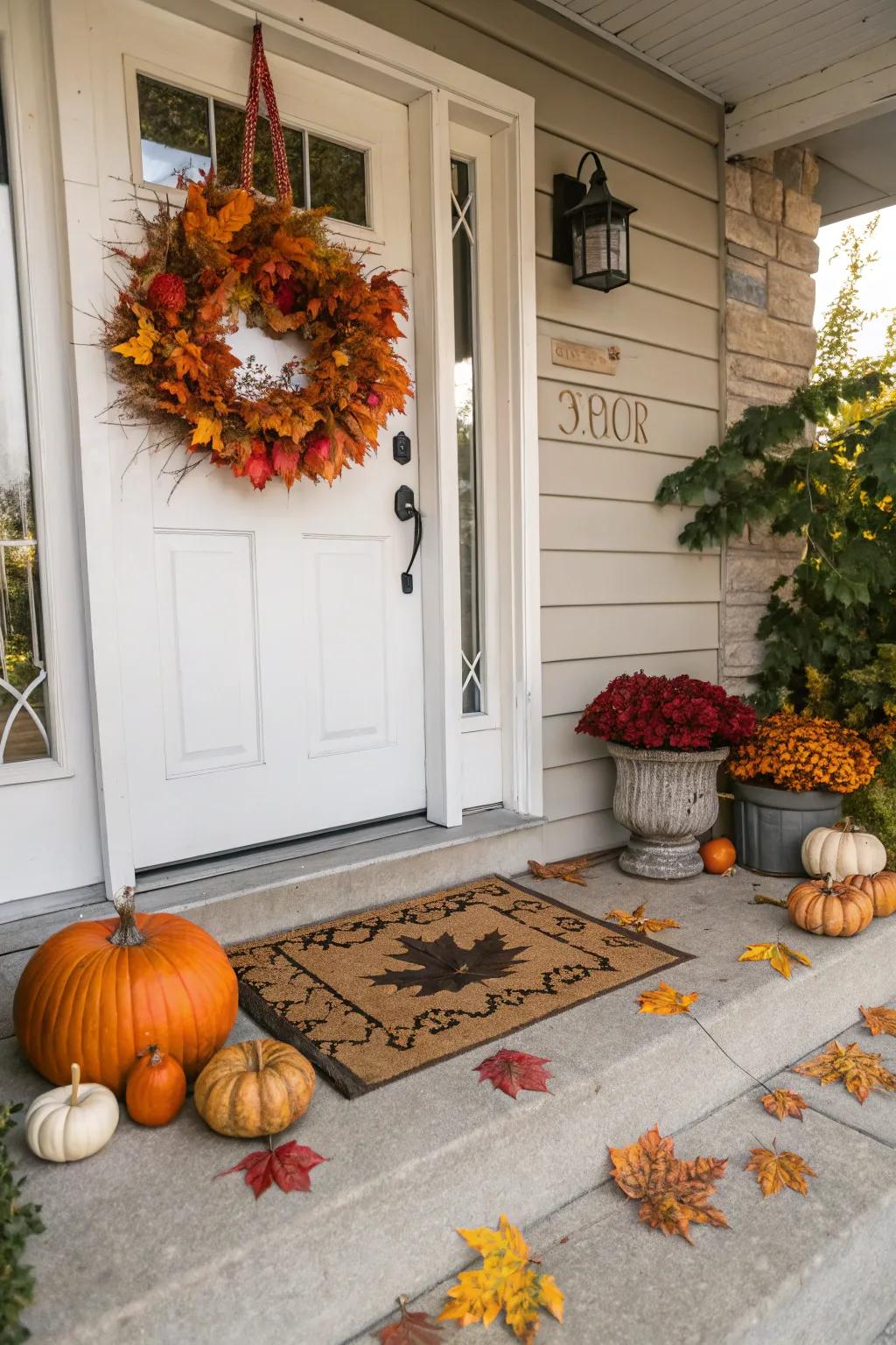 A seasonal doormat showcasing autumn foliage.