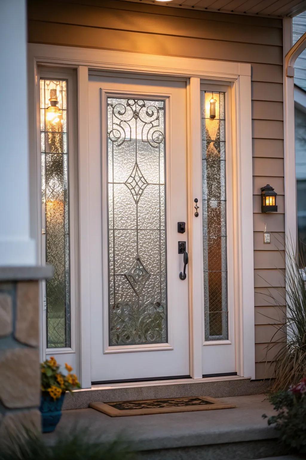 A front door that has embossed glass for both privacy and style.