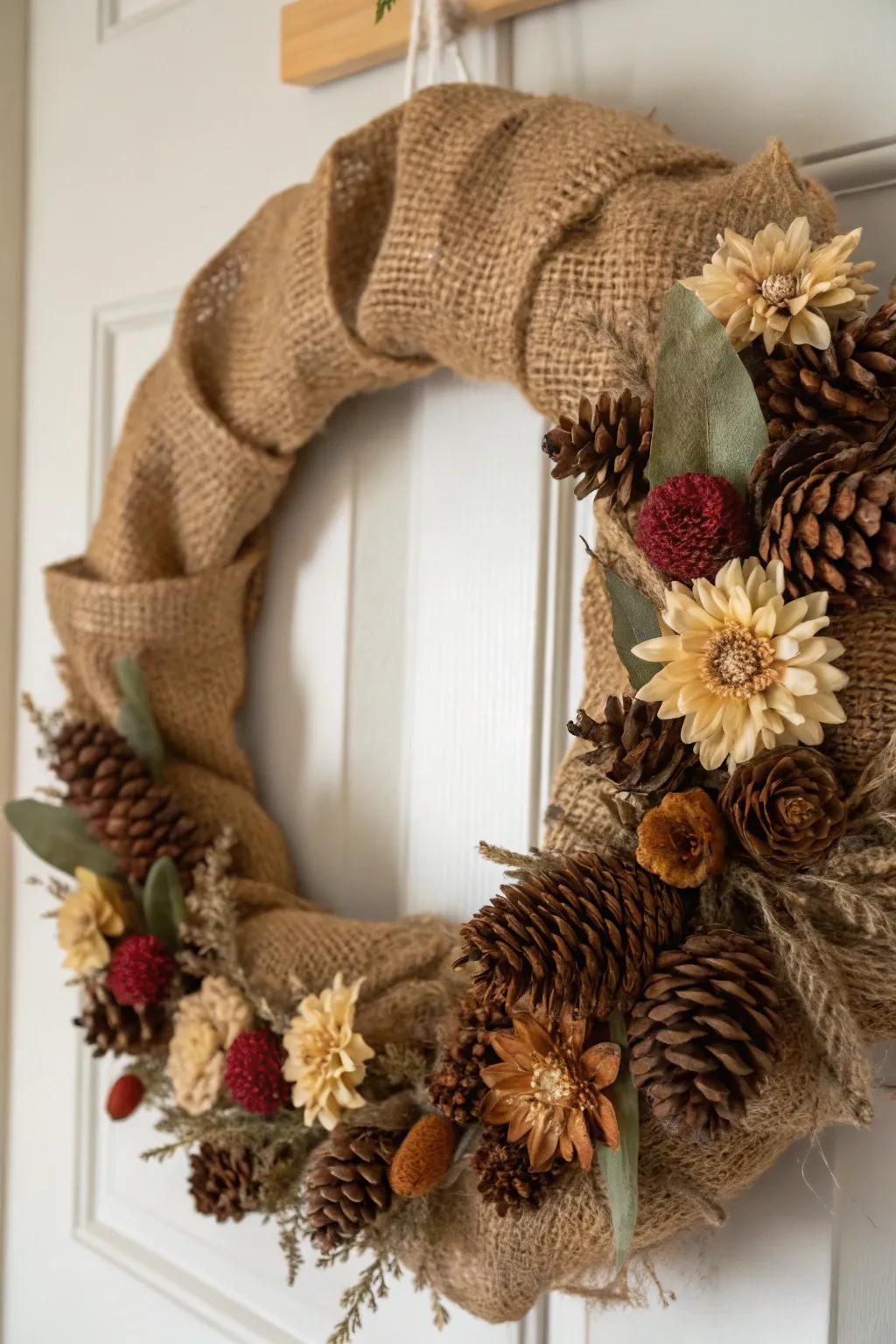 A rustic burlap wreath, a testament to warmth and simple beauty.