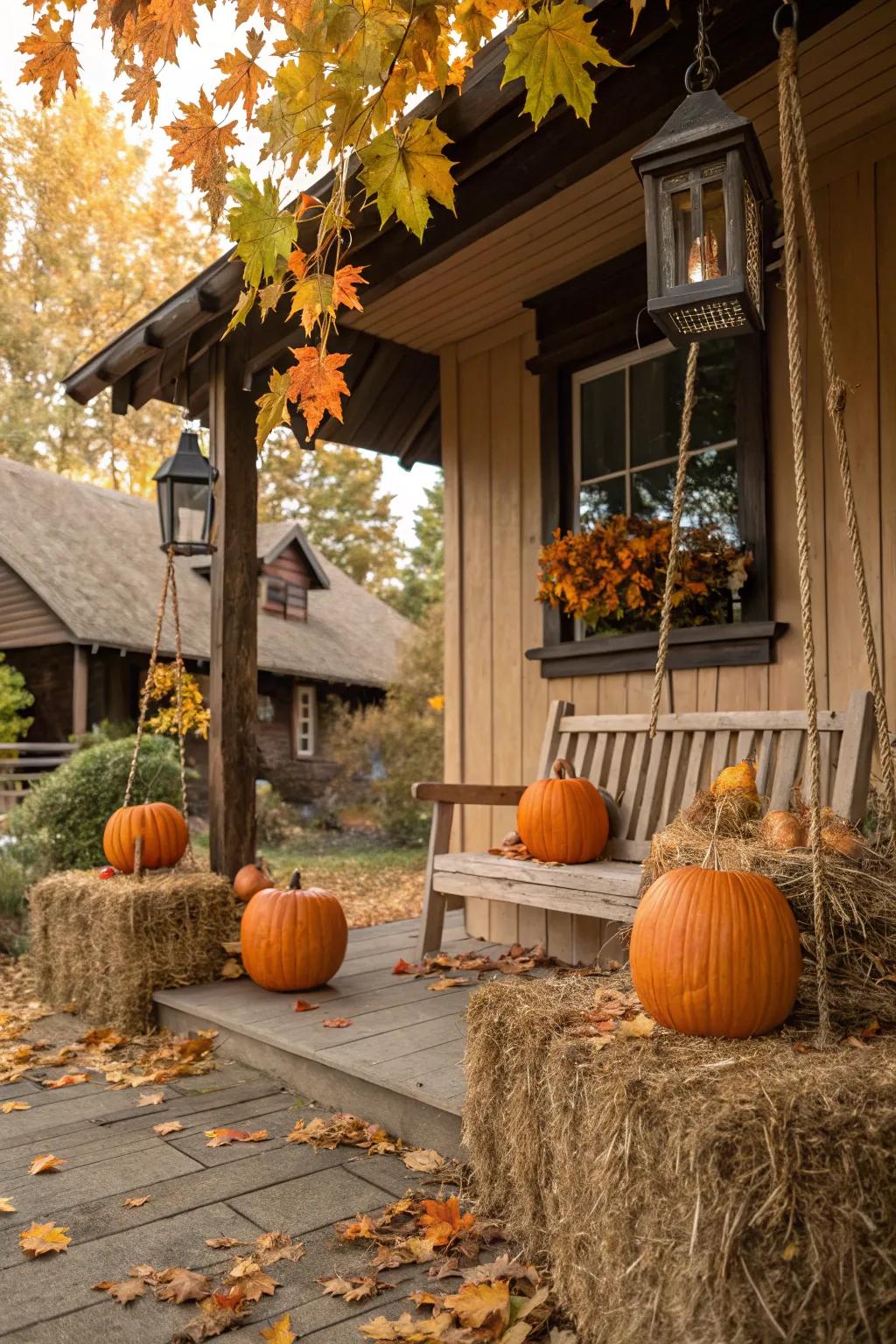 Harvest bales contribute rustic elegance and height to gourd displays.