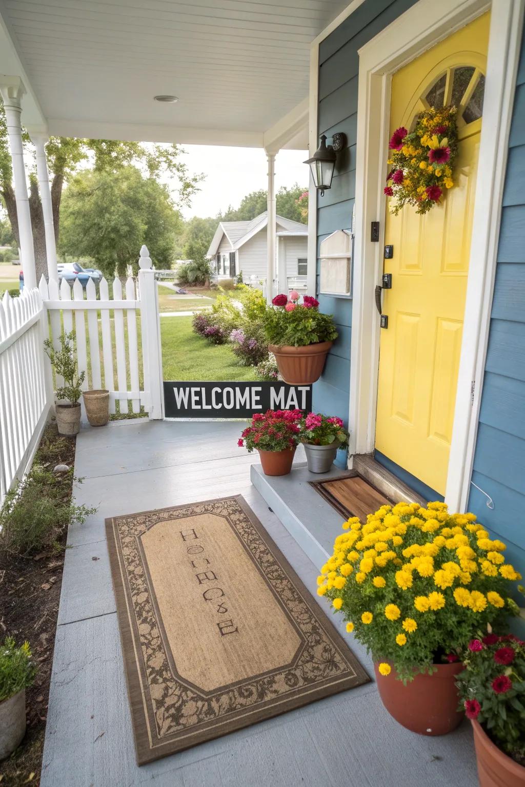 A happy greeting mat establishes a warm and friendly atmosphere.