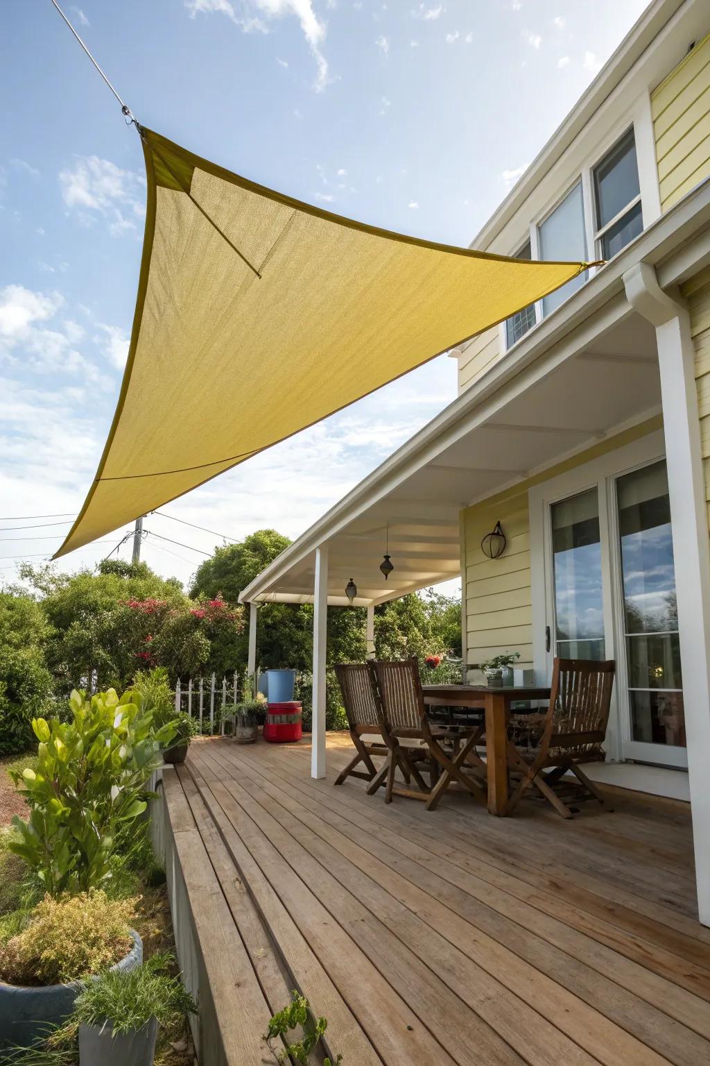 A bright shade sail offering stylish defence.