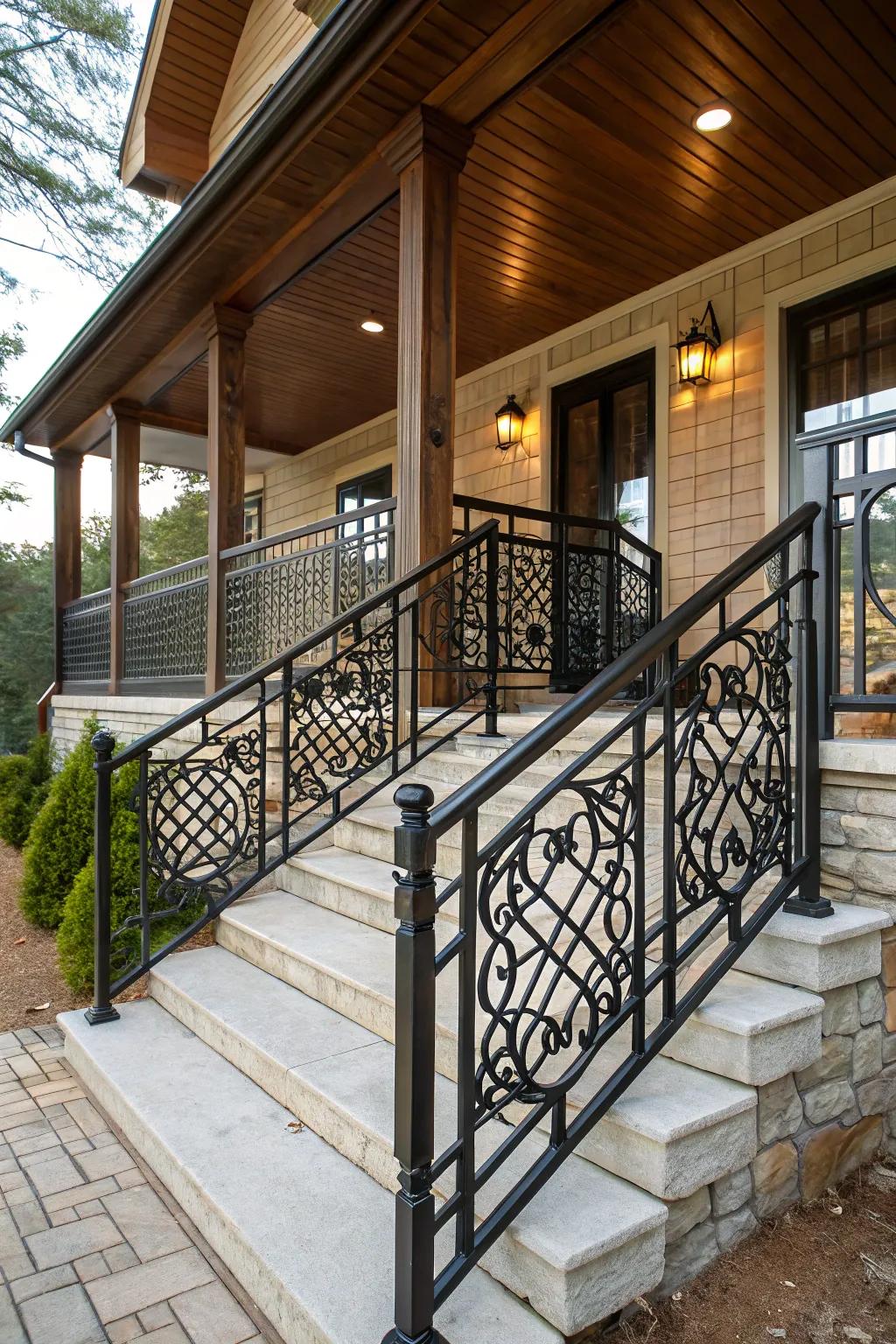 Metal railings showcasing geometric patterns for an eye-catching porch design.