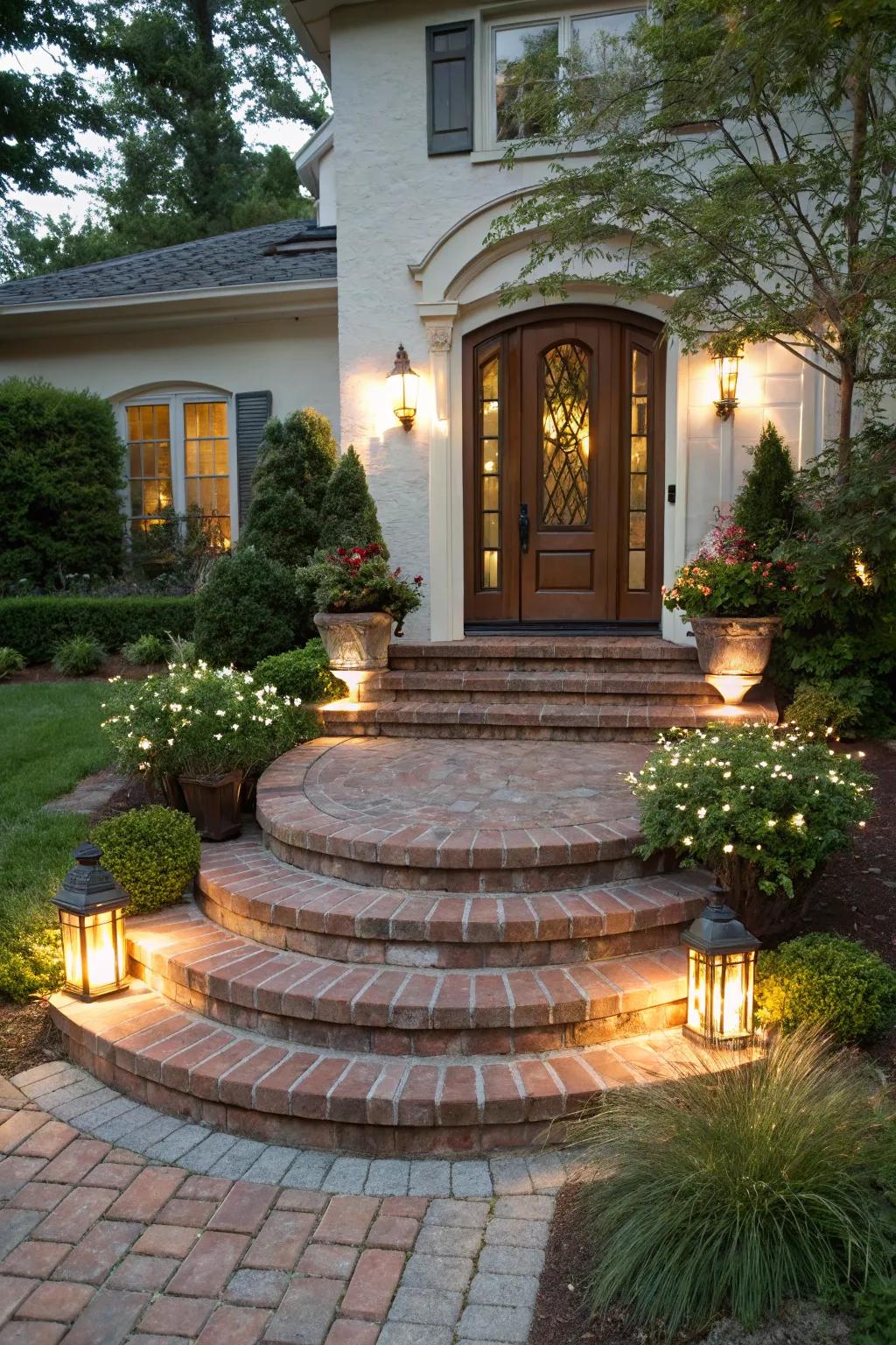 Elegant brick steps create a welcoming entry.