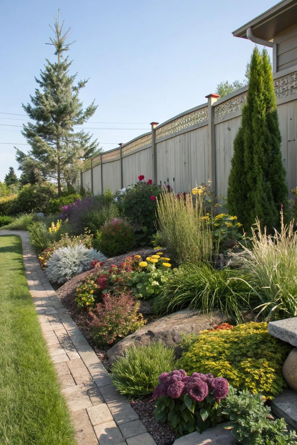 A thoughtfully layered planting scheme crafting dimension in a nook landscape.