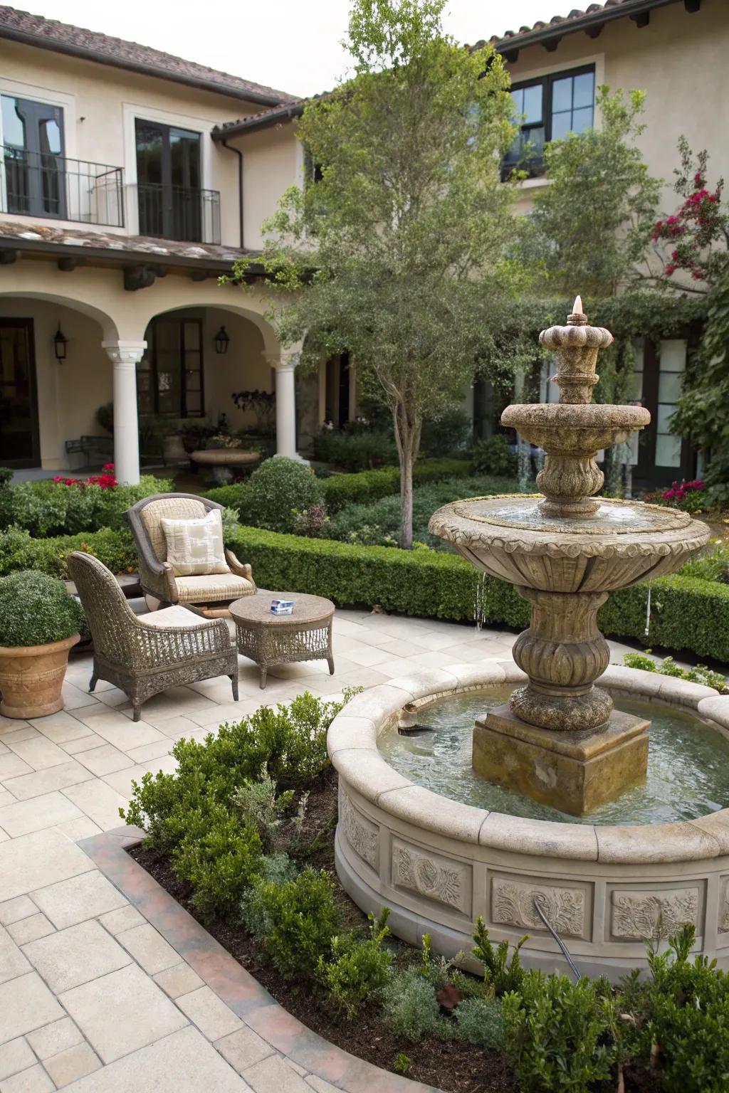 A peaceful water element contributes sophistication to a courtyard.
