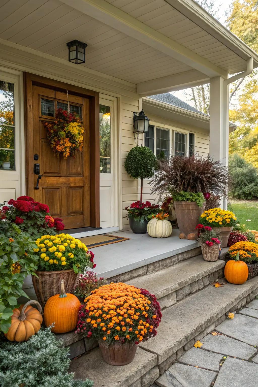 Seasonal veranda embellishments can make your entrance feel warm and welcoming.