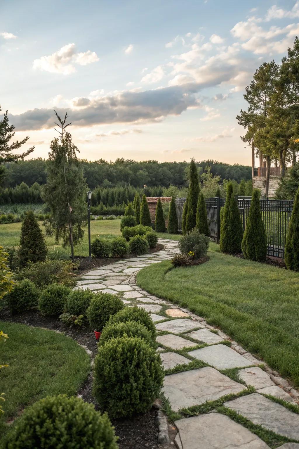 Stone walkways wind through lush, evergreen landscaping.