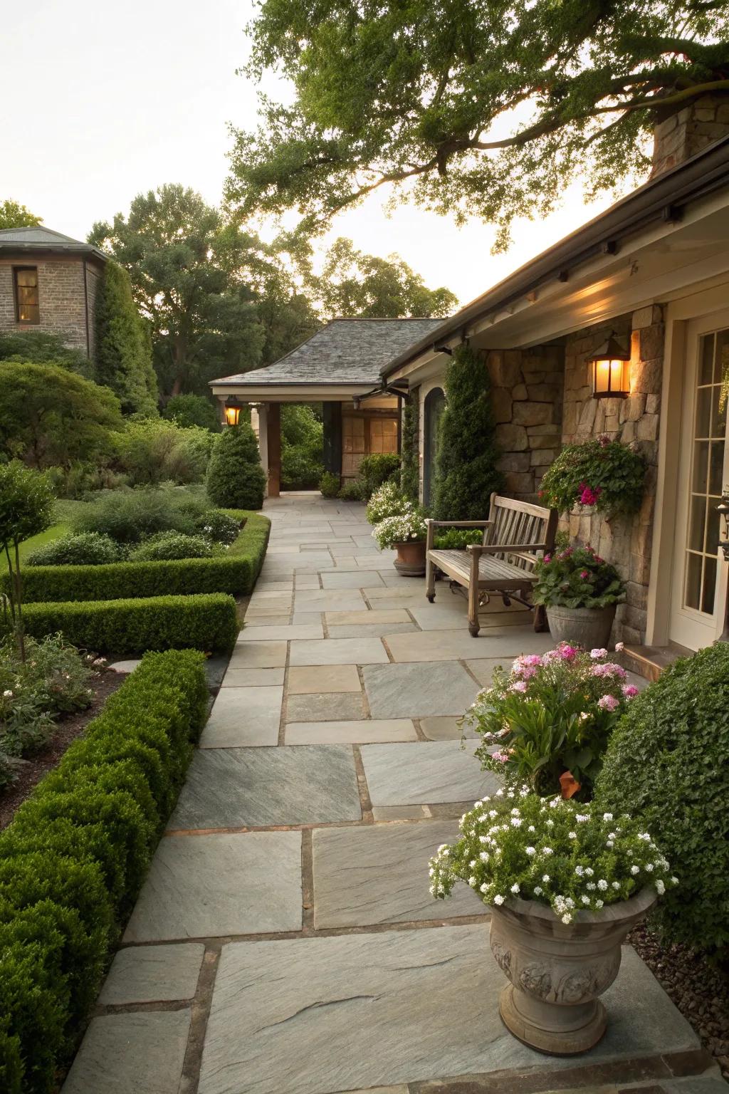 Guide guests to your front patio with a refined stone path.