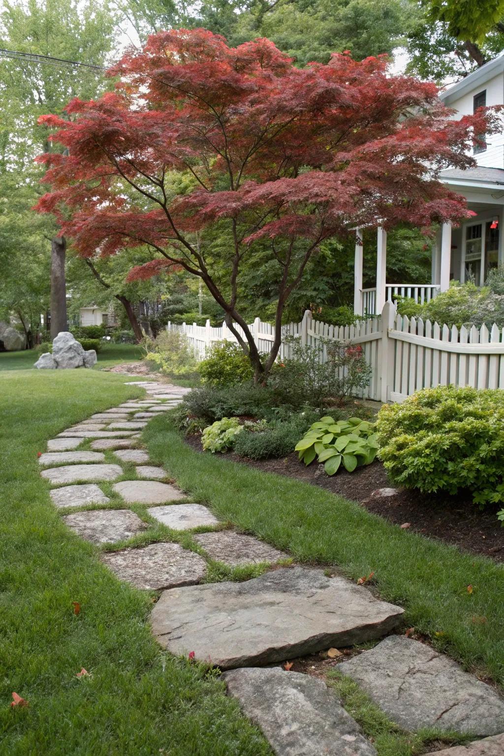 A stone walkway guides towards a glorious Japanese maple, amplifying the yard's allure.