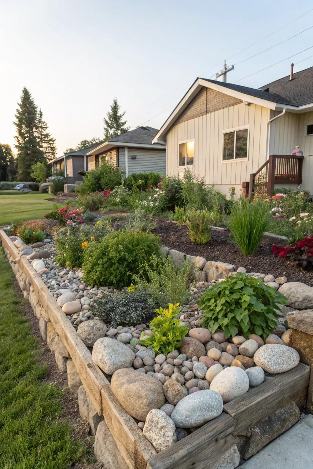 An elevated stone garden bed contributing dimension and arrangement to a front garden.