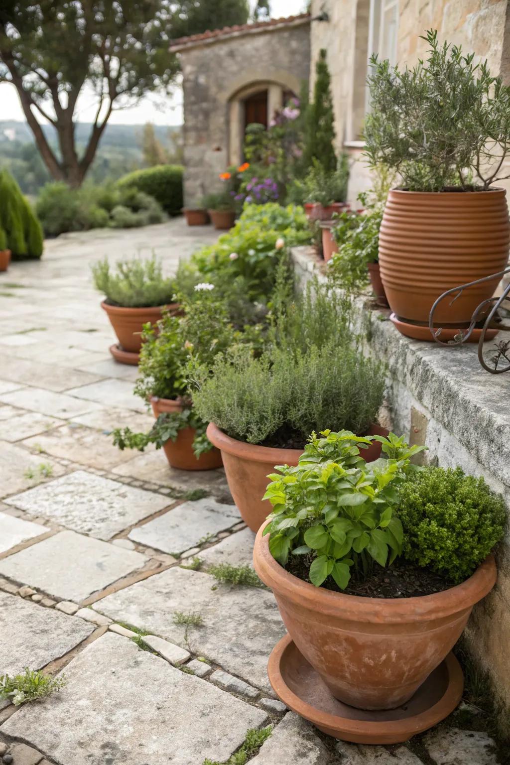 Earthenware pots filled with lush plants bring a touch of earthiness and character to your front garden.