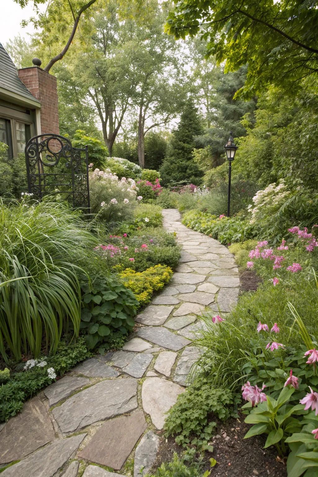 A graceful stone path guiding you through a garden sanctuary.