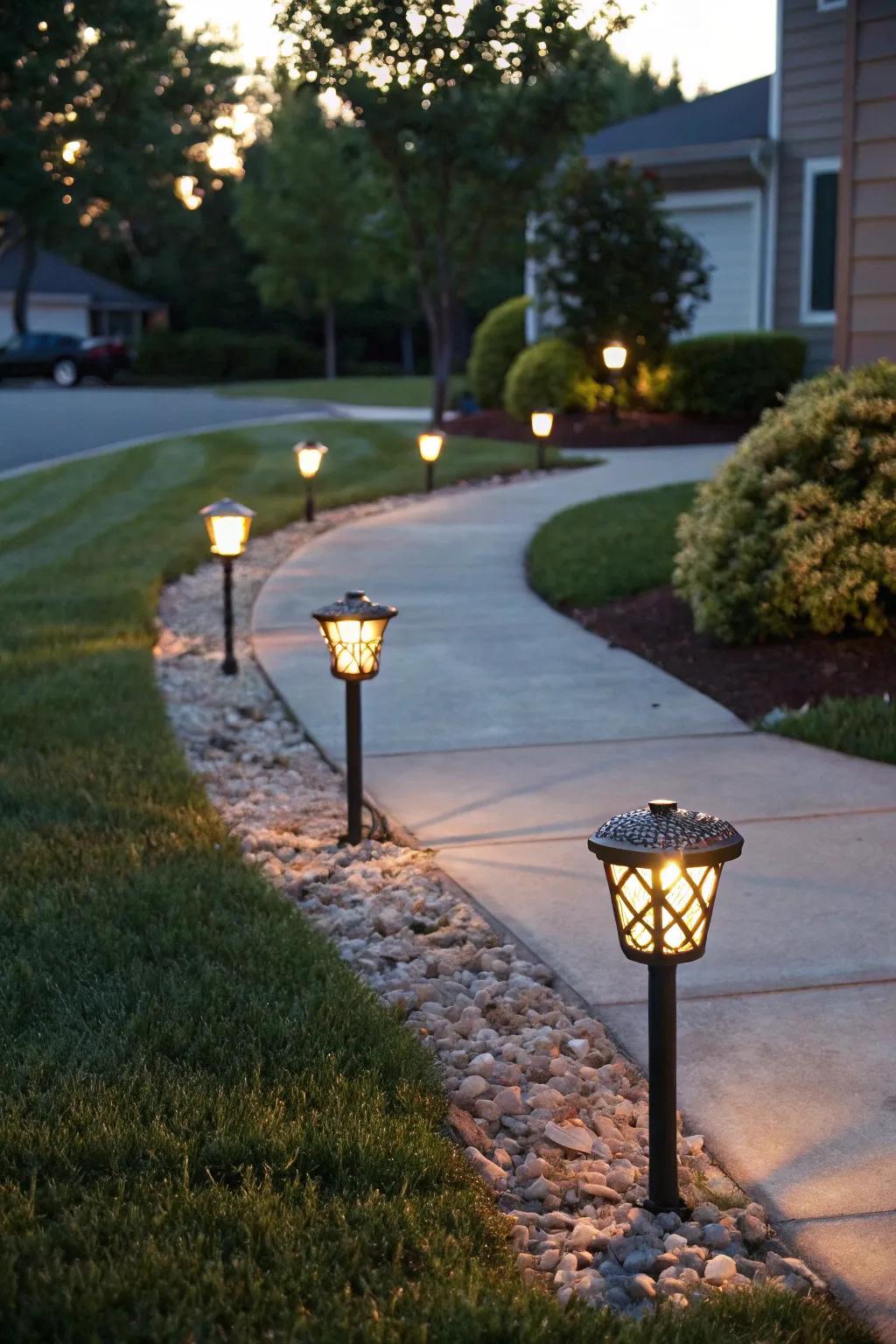 Solar-powered lights enhance ambiance and safety in the front yard.