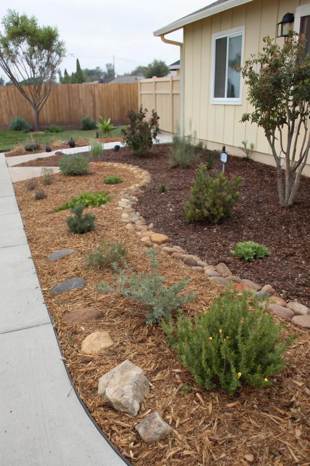 Mulch delivers both functional and aesthetic advantages within xeriscape environments.