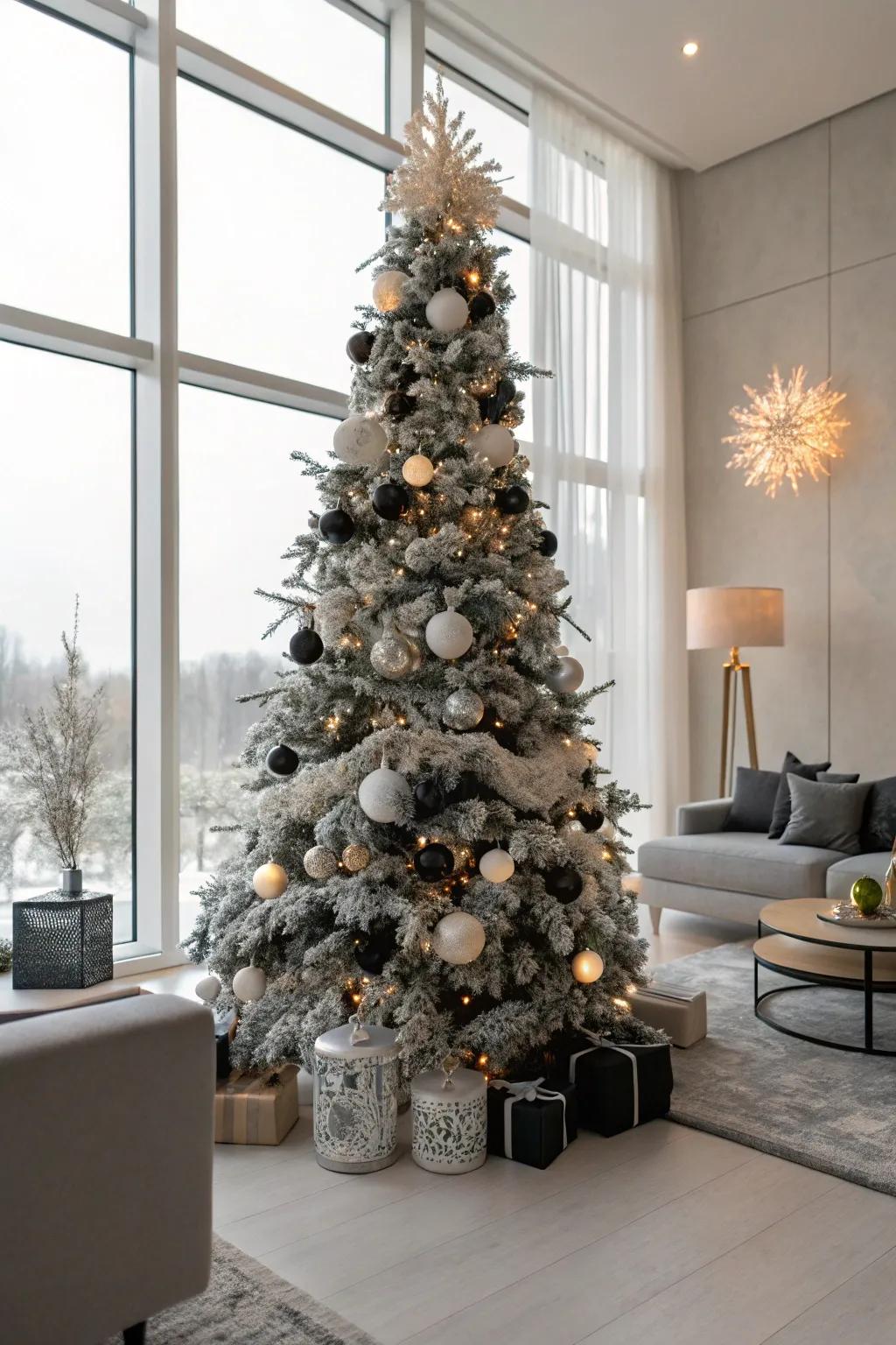 Monochrome decorations create a stylish, modern aesthetic.