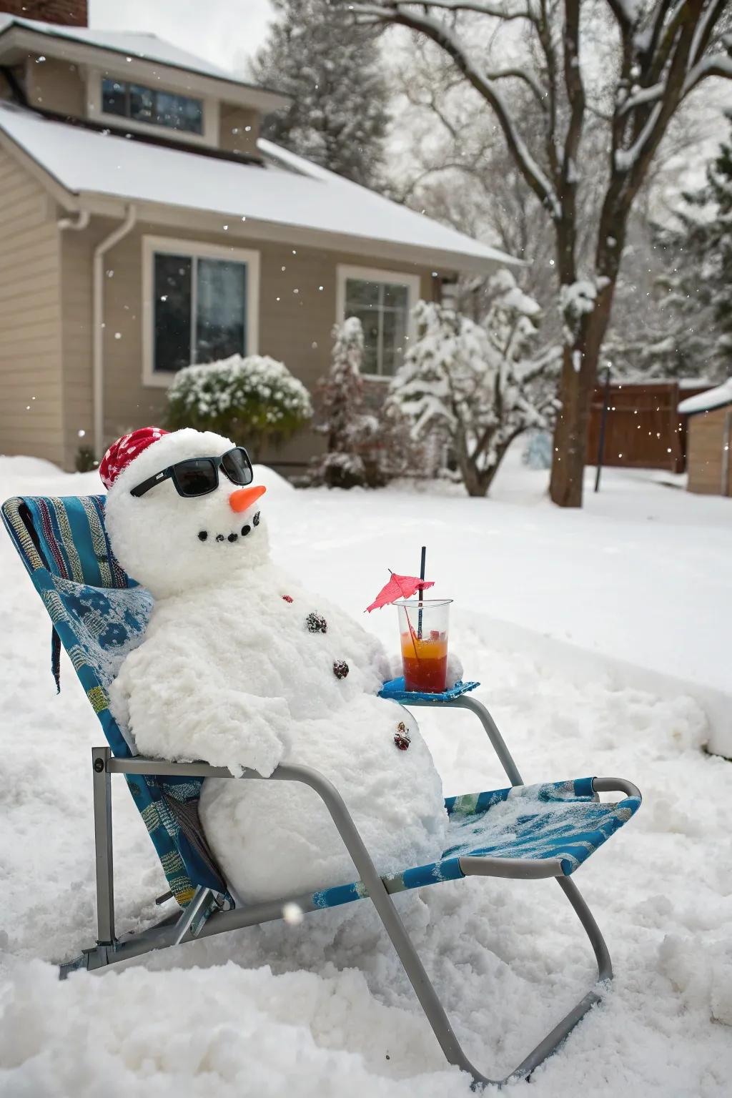 A snow figure relishing a bright day in the snow.