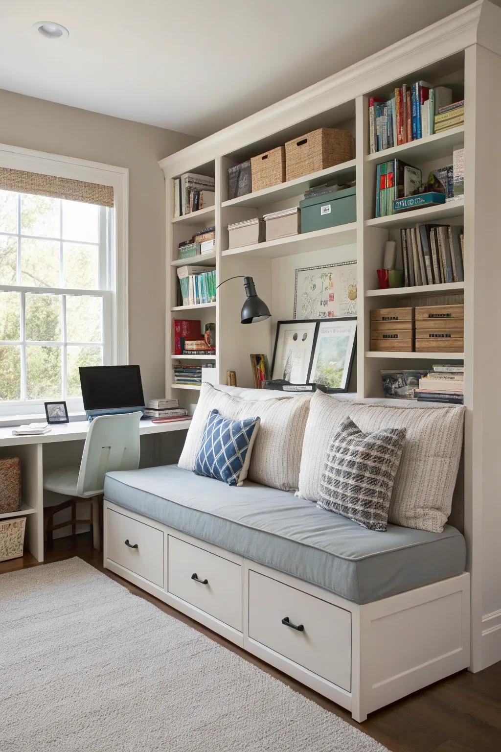 A daybed with storage ensures your office remains clutter-free.