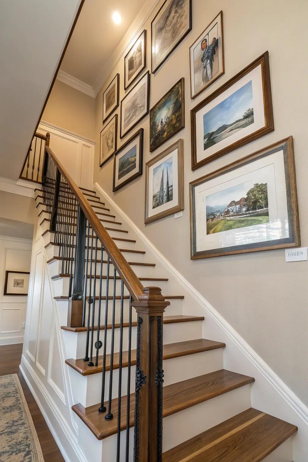 Diagonal frame arrangement adds energetic motion to a stairwell.