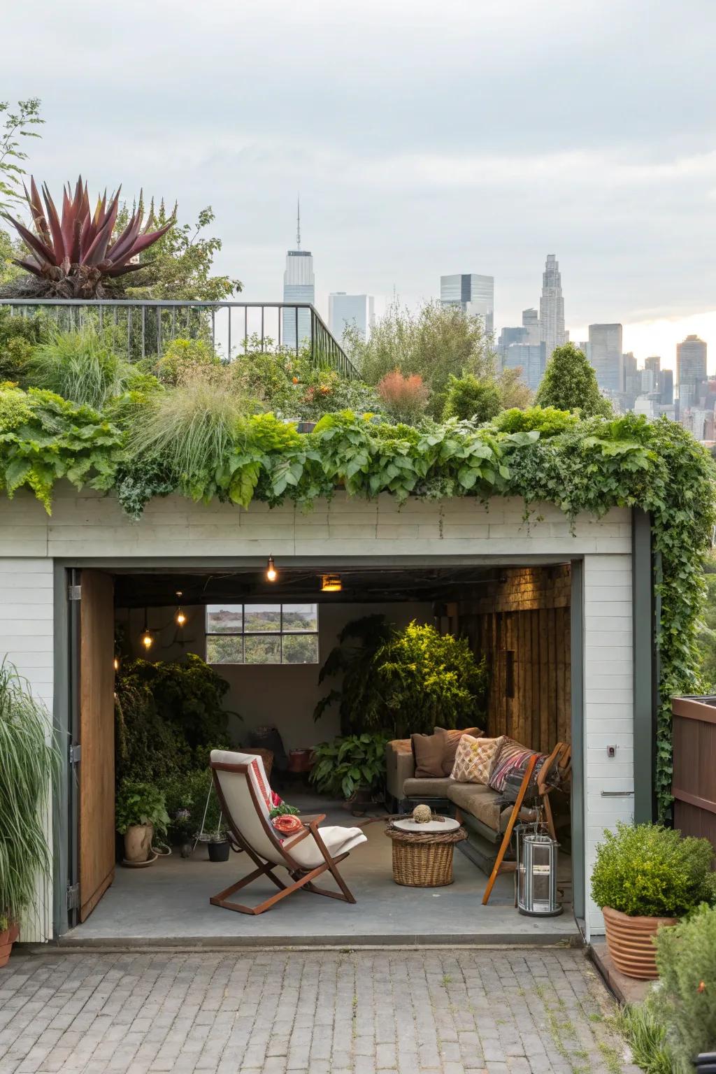 A garage enhanced with a vibrant garden on its roof.