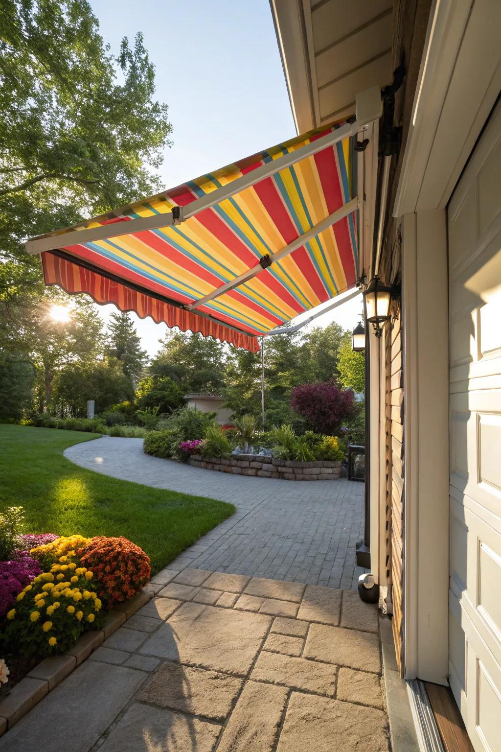 Adaptable textile entrance shade in action.